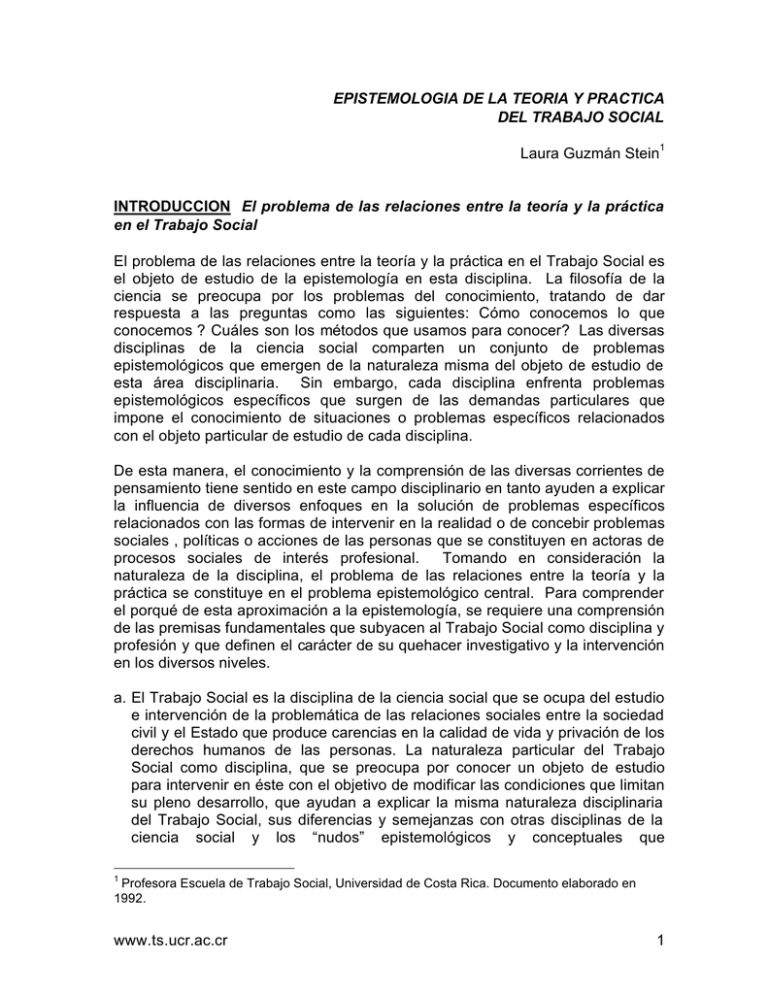 Epistemología de la teoría y práctica del trabajo social Laura Guzmán Stein