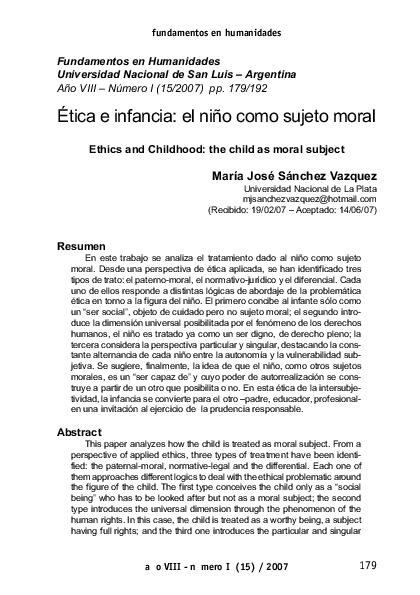 Ética e infancia: el niño como sujeto moral María José Sánchez Vazquez